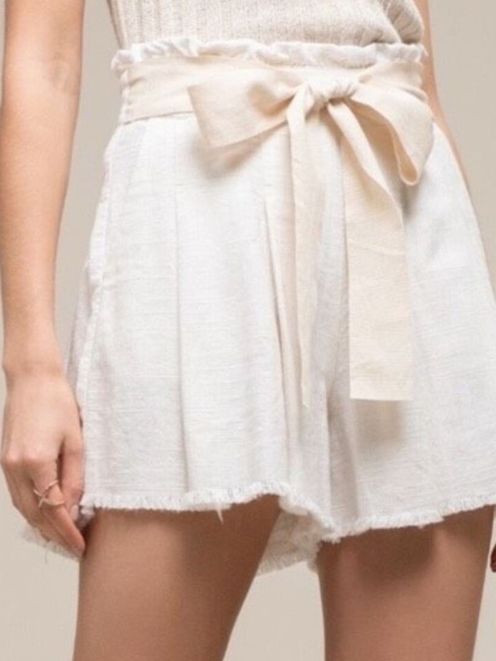 Anthropologie Moon River High Waisted Frayed Hem Paper Bag Shorts Tie Cream